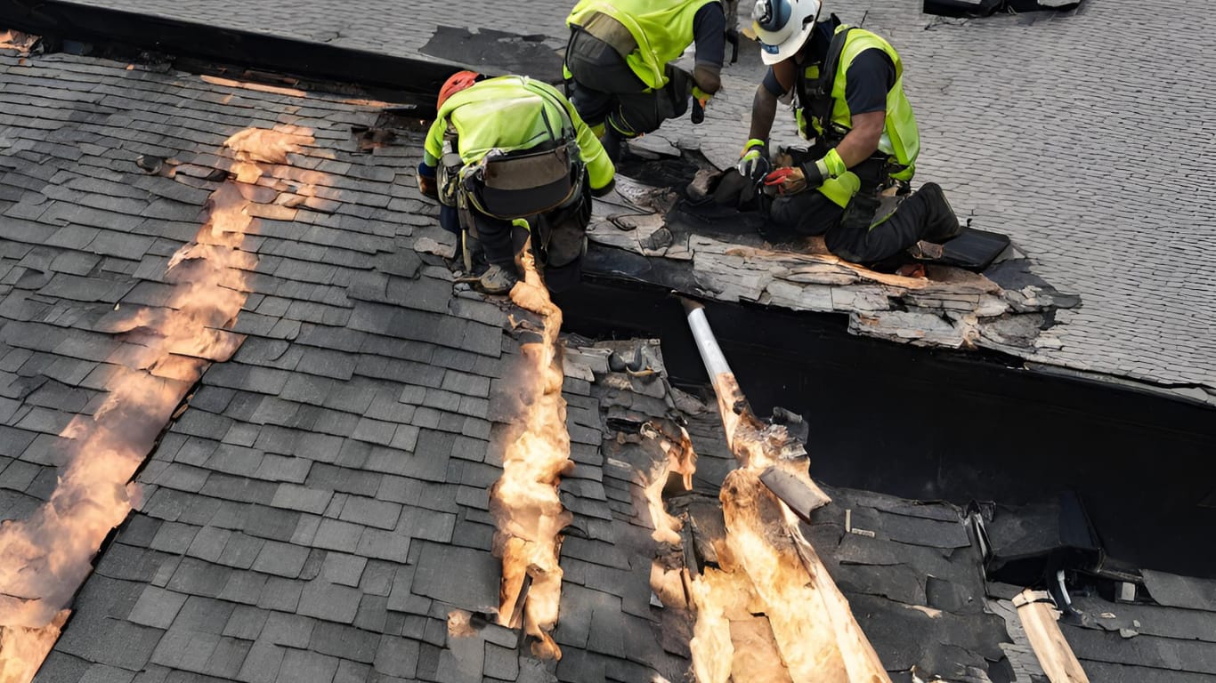 technicians beginning fire damage restoration on roof