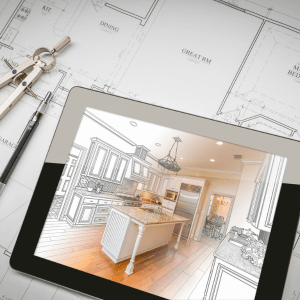 home remodel project on Computer Tablet Showing Kitchen Illustration on House Plans, Pen